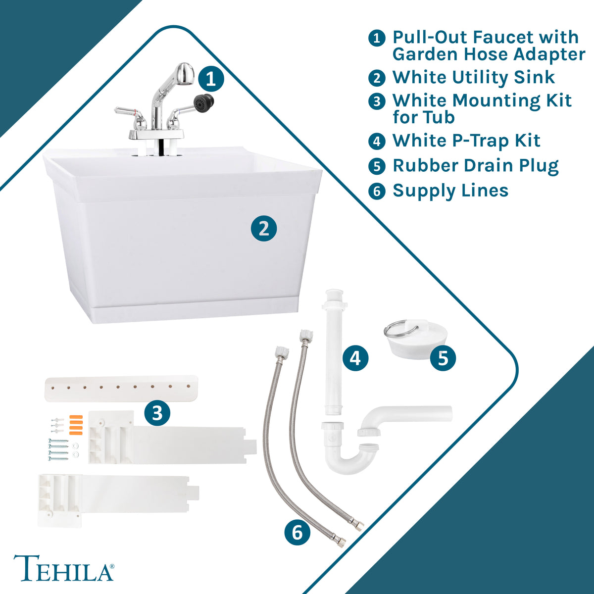 Fregadero de pared Tehila Standard blanco con grifo extraíble y acabado cromado
