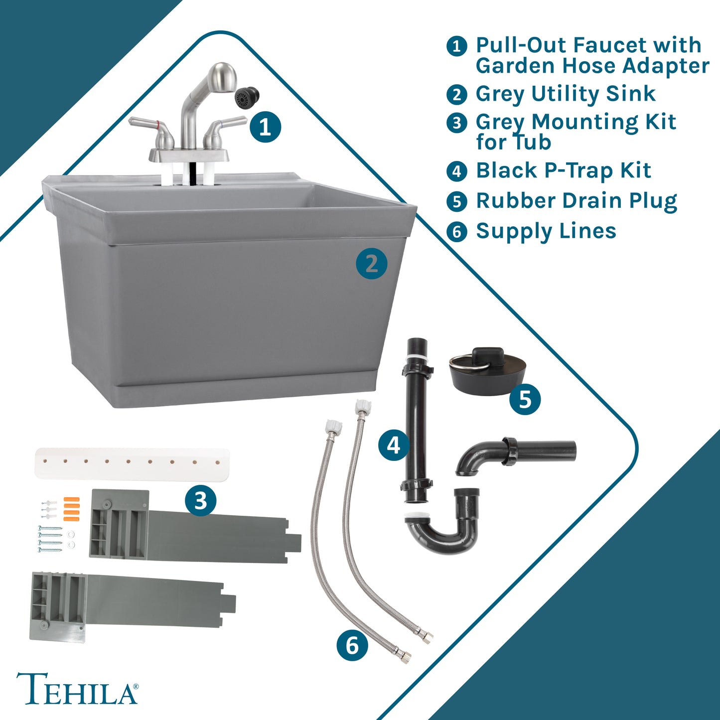 Tehila Standard Wall-Mounted Grey Utility Sink with Stainless Steel Finish Pull-Out Faucet