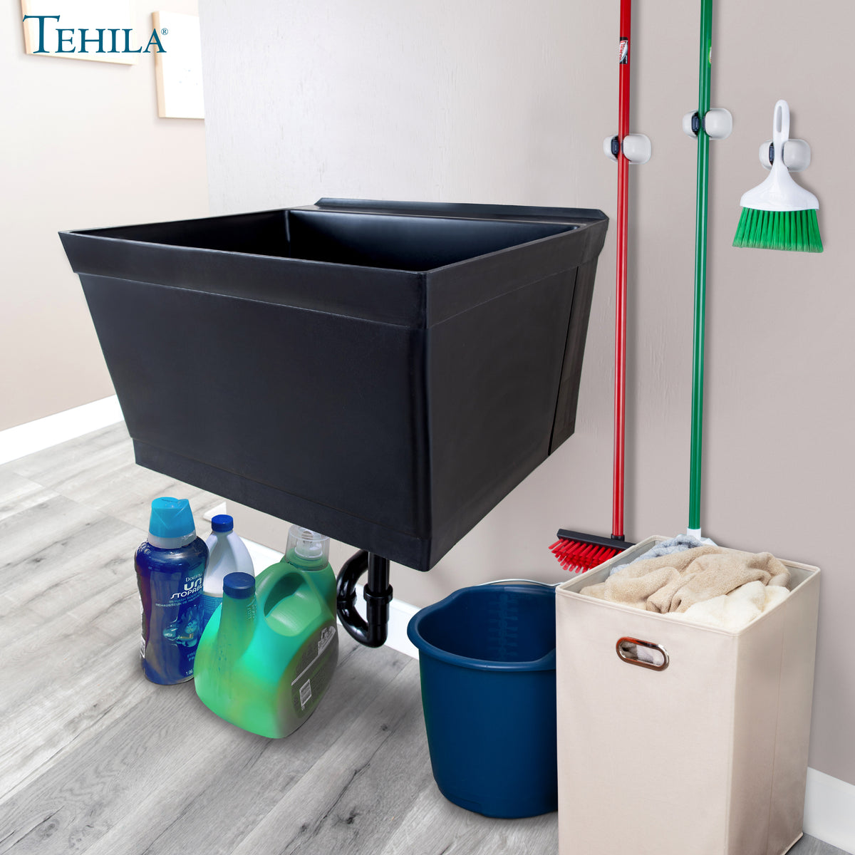 Tehila Standard Wall-Mounted Black Utility Sink, No Supply Lines - Utility-Sink.com