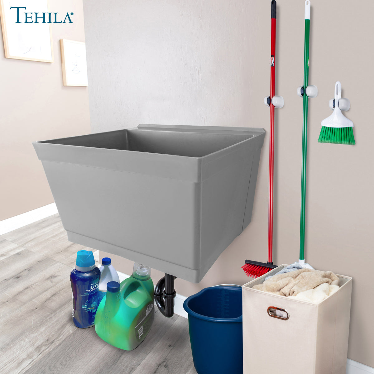 Tehila Standard Wall-Mounted Grey Utility Sink, No Supply Lines - Utility-Sink.com