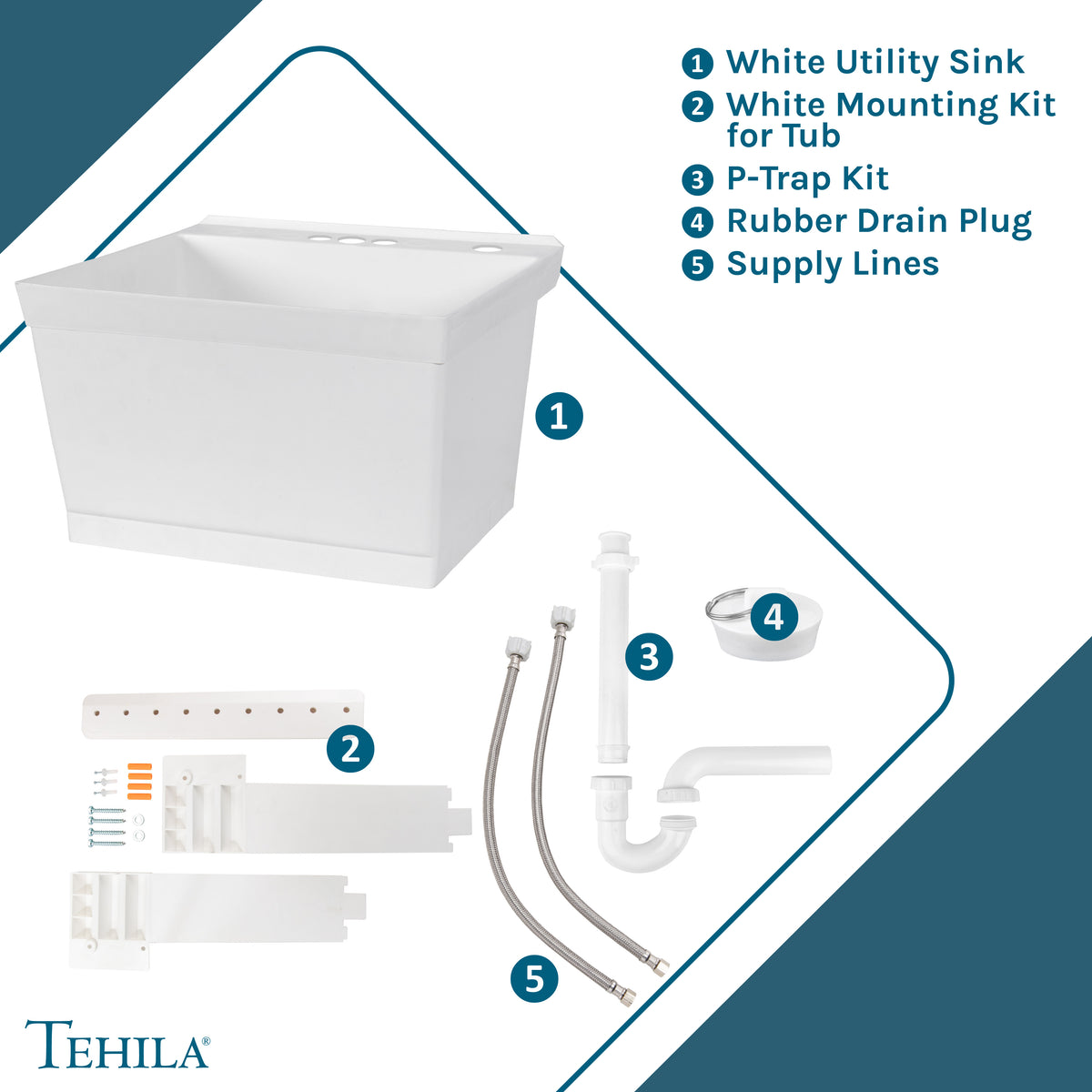 Fregadero de pared Tehila Standard, color blanco, incluye líneas de suministro de agua.