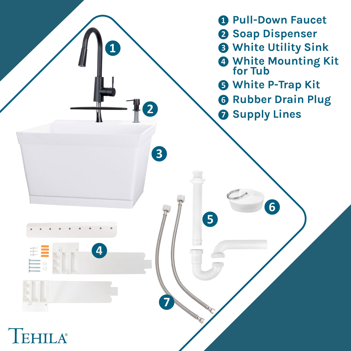 Tehila Standard Wall-Mounted White Utility Sink with Black Finish Pull-Down Faucet