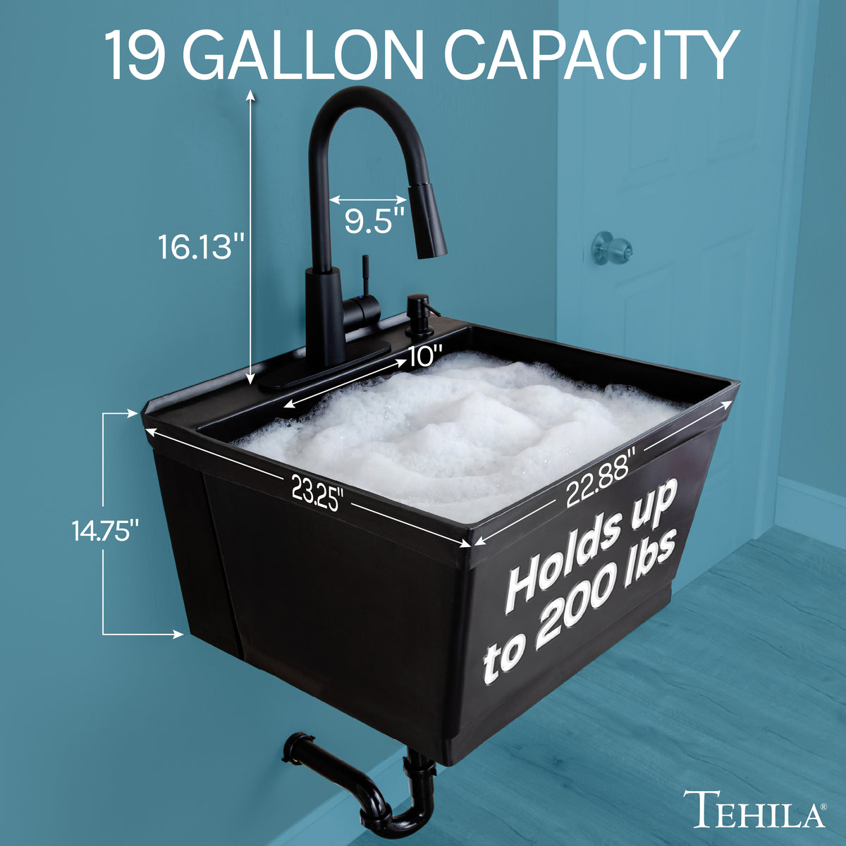 Tehila Standard Wall-Mounted Black Utility Sink with Black Finish Pull-Down Faucet - Utility-Sink.com