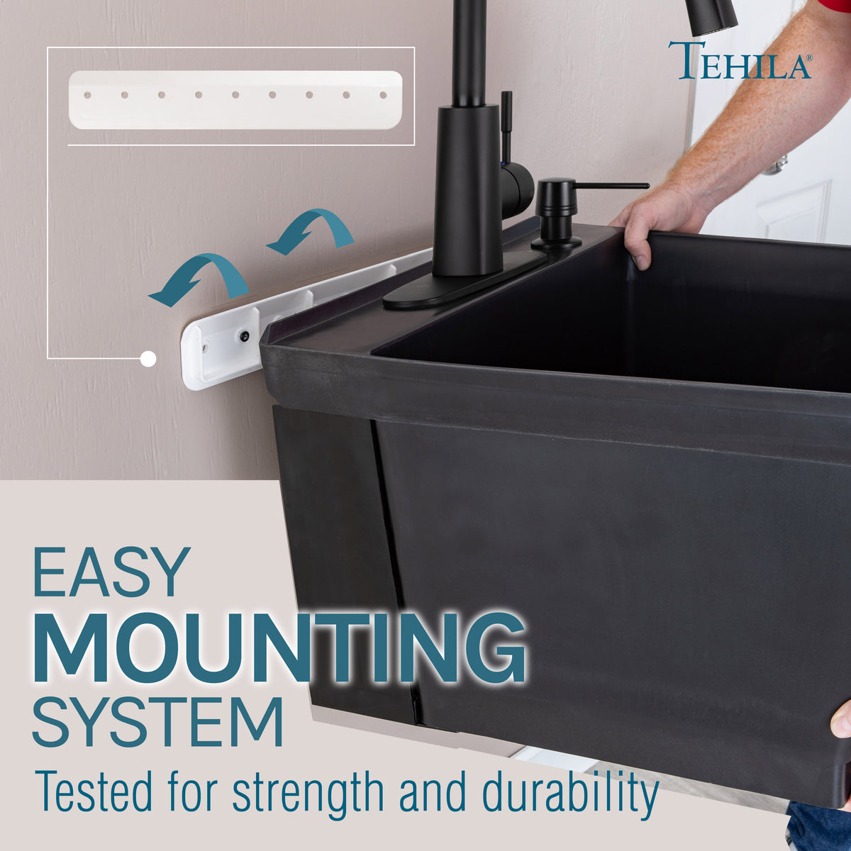Tehila Standard Wall-Mounted Black Utility Sink with Black Finish Pull-Down Faucet - Utility-Sink.com