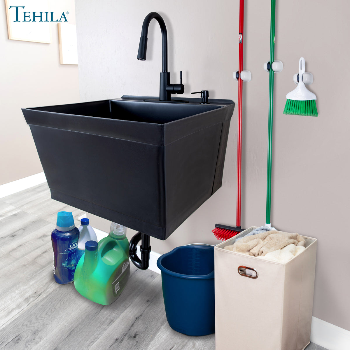 Tehila Standard Wall-Mounted Black Utility Sink with Black Finish Pull-Down Faucet - Utility-Sink.com