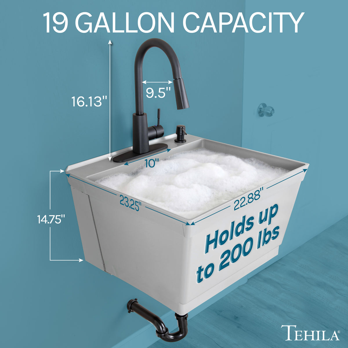 Tehila Standard Wall-Mounted Grey Utility Sink with Black Finish Pull-Down Faucet - Utility-Sink.com