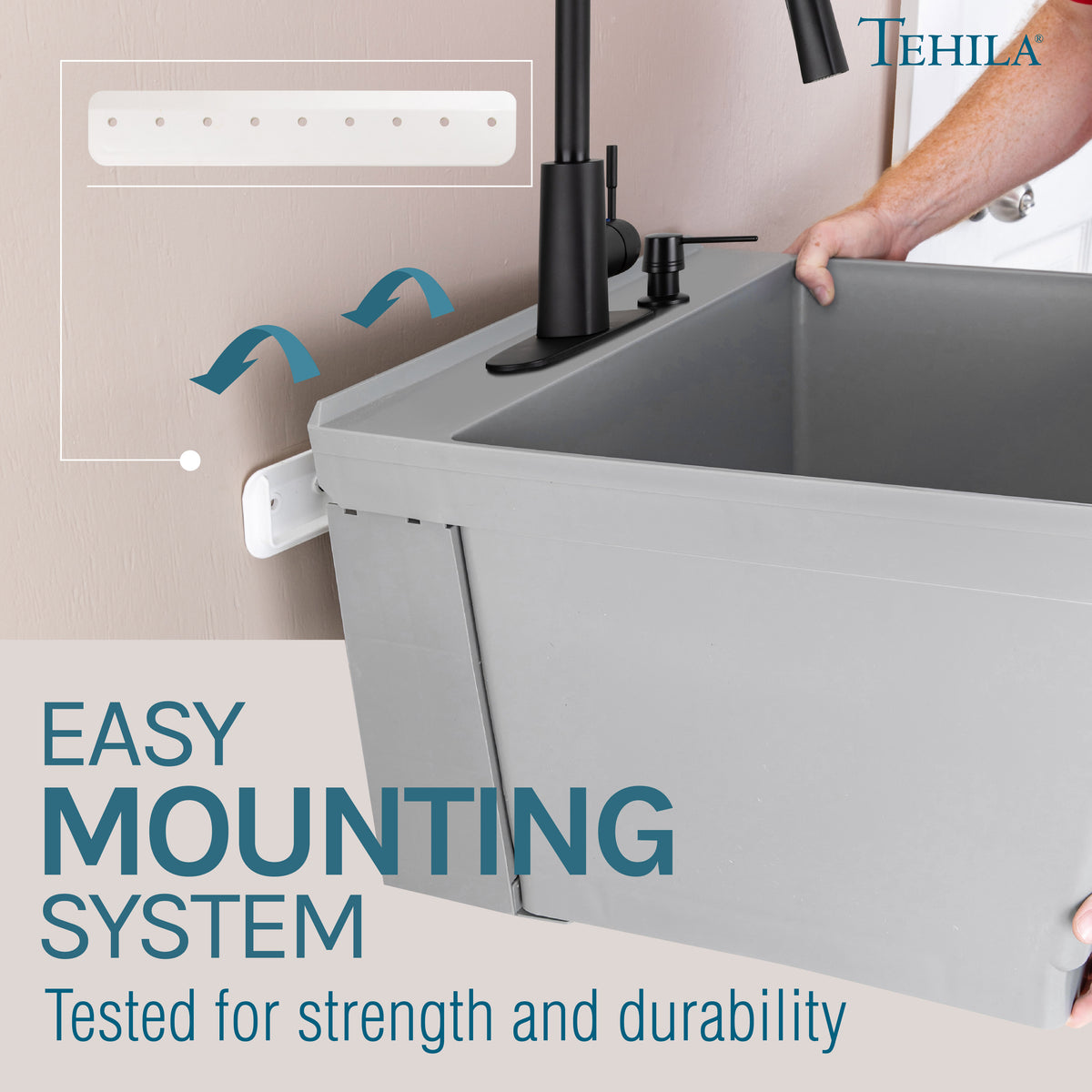 Tehila Standard Wall-Mounted Grey Utility Sink with Black Finish Pull-Down Faucet - Utility-Sink.com