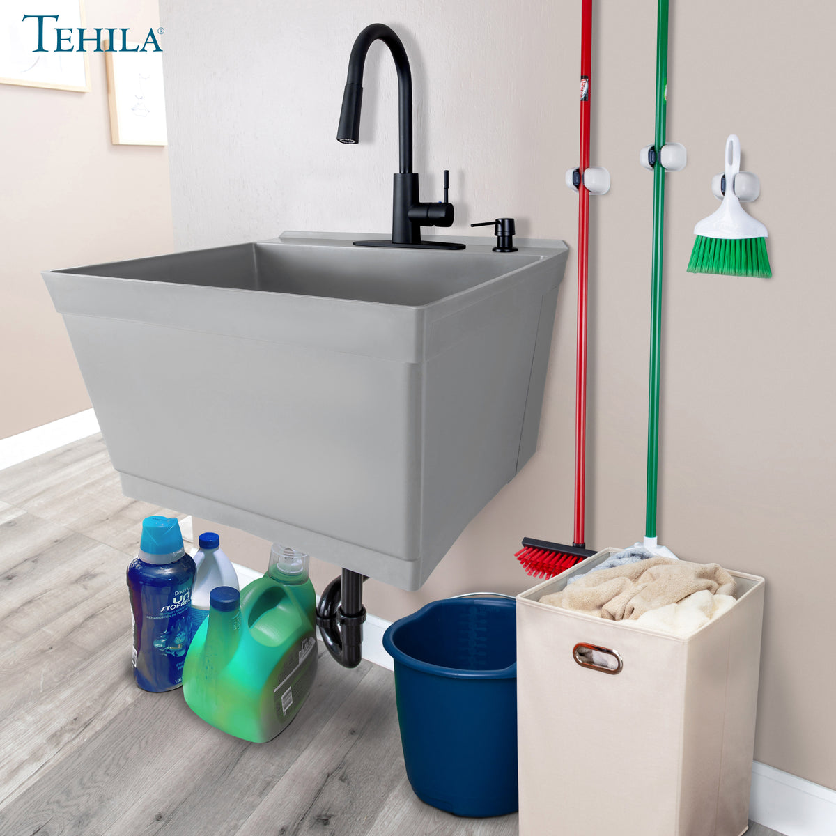 Tehila Standard Wall-Mounted Grey Utility Sink with Black Finish Pull-Down Faucet - Utility-Sink.com