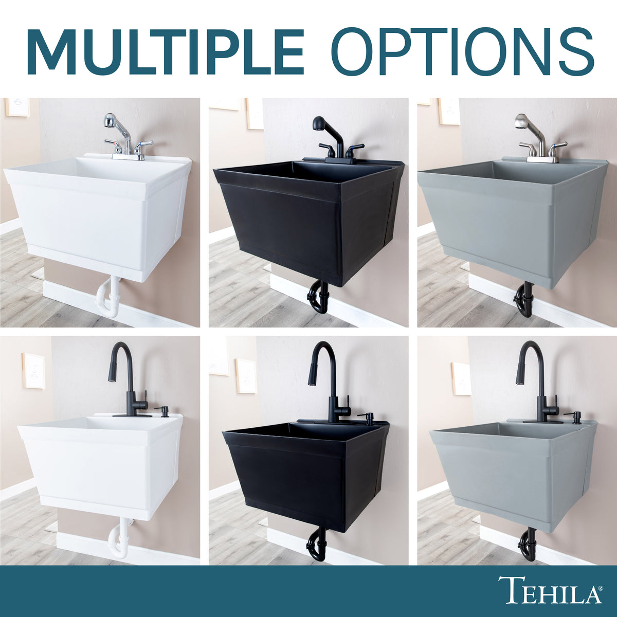 Tehila Standard Wall-Mounted Grey Utility Sink with Black Finish Pull-Down Faucet - Utility-Sink.com