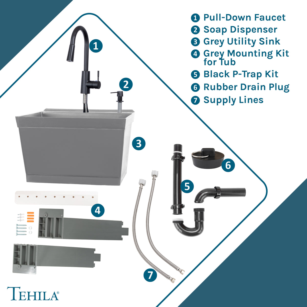 Fregadero de pared Tehila Standard gris con grifo extraíble y acabado negro