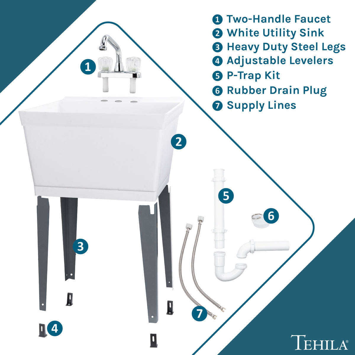 Tehila Standard Freestanding White Utility Sink with Chrome Finish Double Knob Utility Faucet - Utility-Sink.com