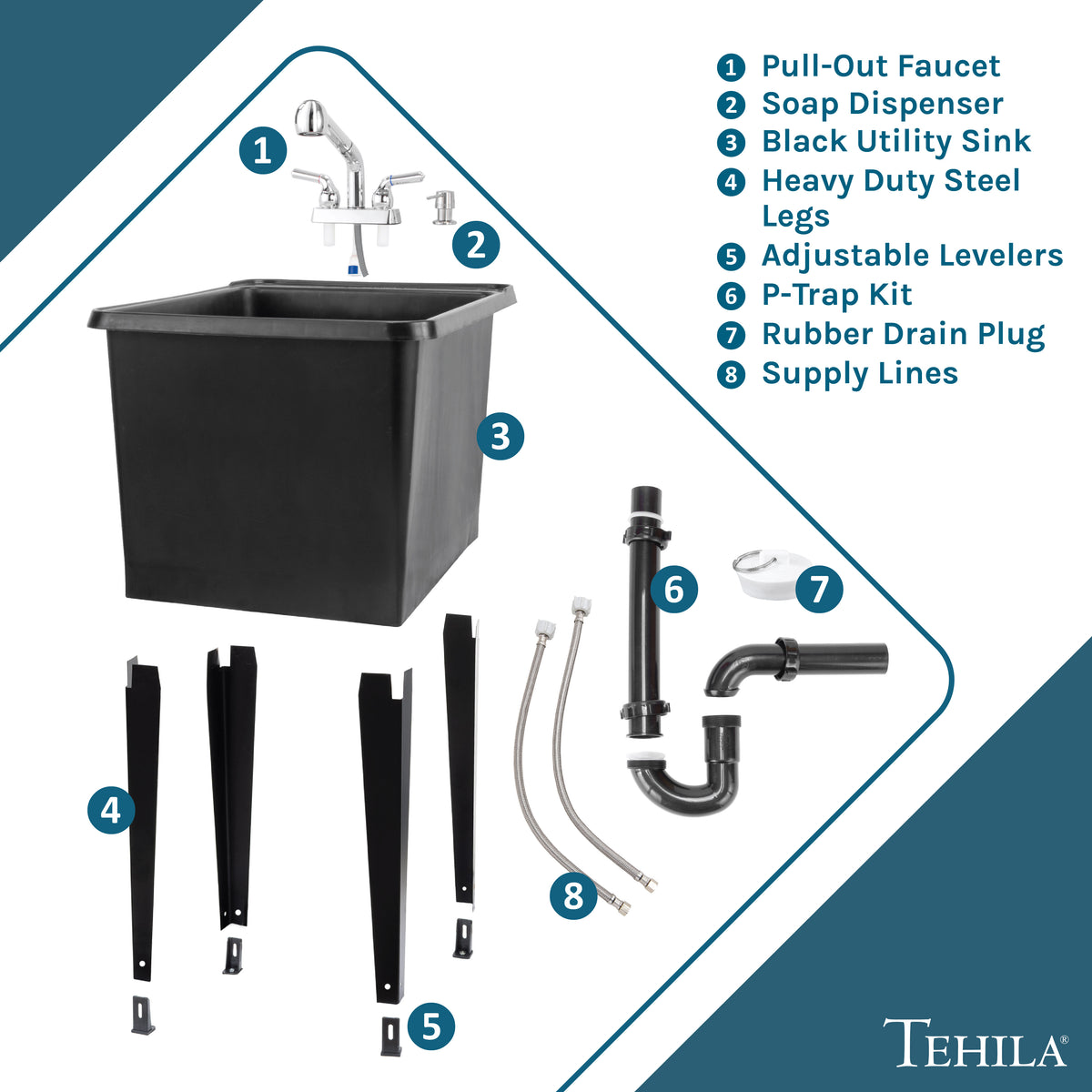 Tehila Space Saver Freestanding Black Utility Sink with Chrome Finish Pull-Out Faucet - Utility-Sink.com