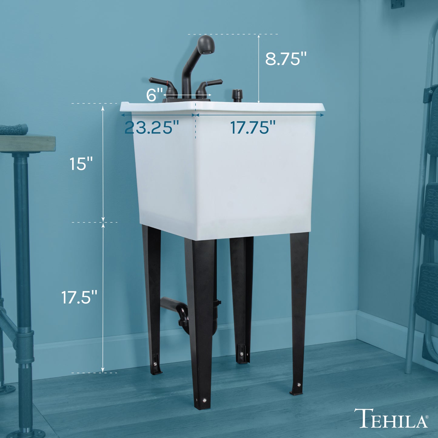 Tehila Space Saver Freestanding White Utility Sink with Black Finish Pull-Out Faucet - Utility-Sink.com