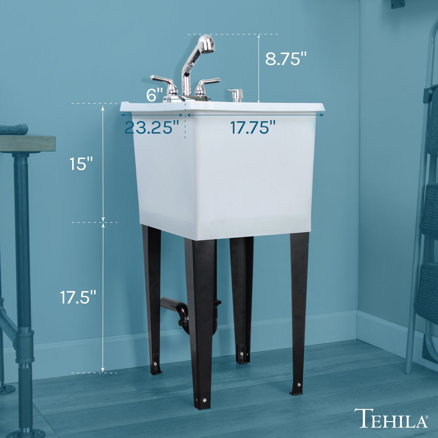 Tehila Space Saver Freestanding White Utility Sink with Chrome Finish Pull-Out Faucet - Utility-Sink.com