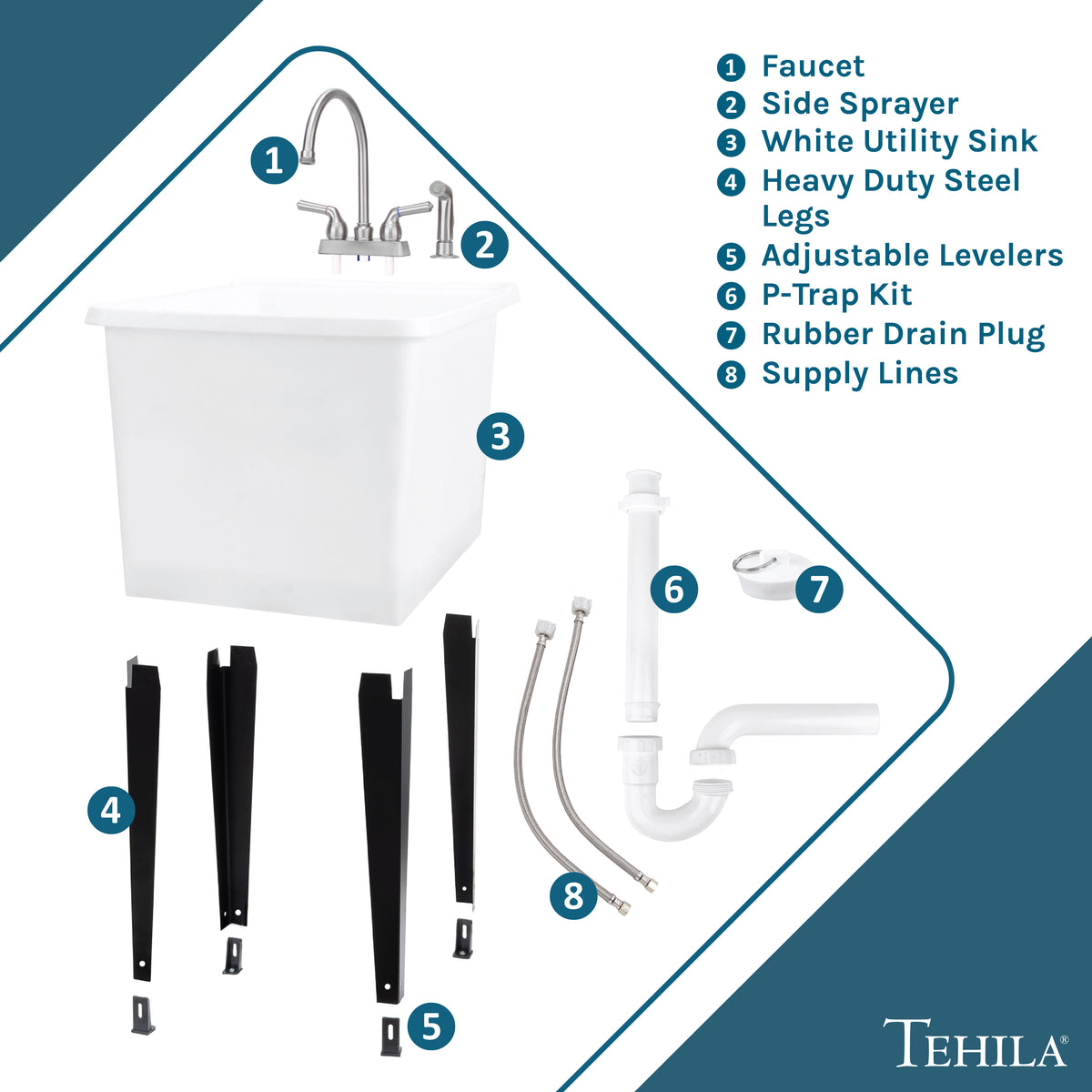 Tehila Space Saver Freestanding White Utility Sink with Stainless Steel Finish Gooseneck Faucet and Side Sprayer - Utility-Sink.com