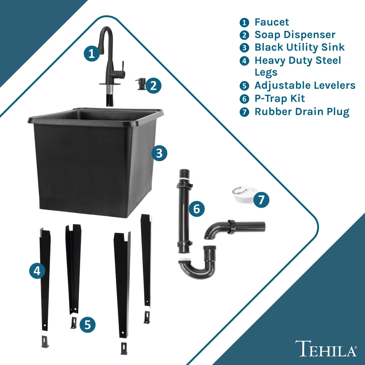 Tehila Space Saver Freestanding Black Utility Sink with Black Finish Low-Profile Pull-Down Faucet - Utility-Sink.com