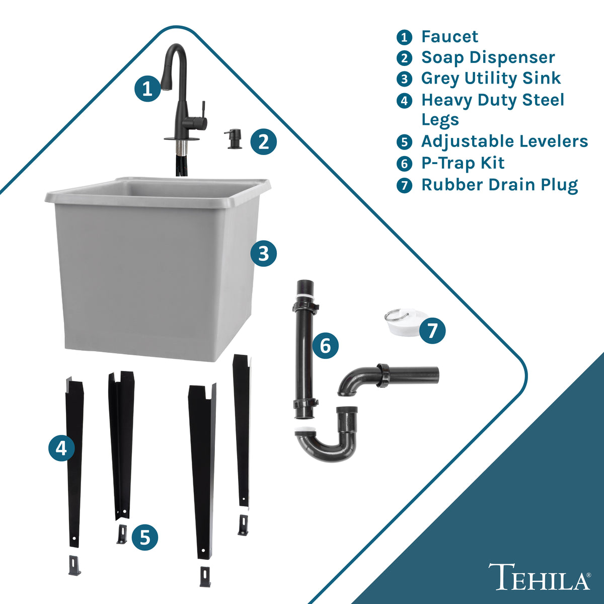 Tehila Space Saver Freestanding Grey Utility Sink with Black Finish Low-Profile Pull-Down Faucet - Utility-Sink.com