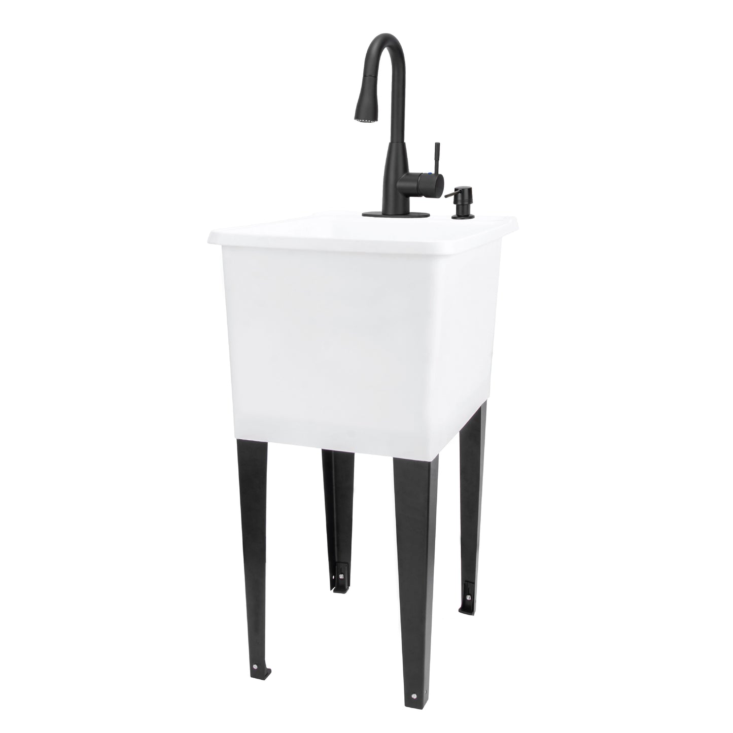 Tehila Space Saver Freestanding White Utility Sink with Black Finish Low-Profile Pull-Down Faucet - Utility-Sink.com