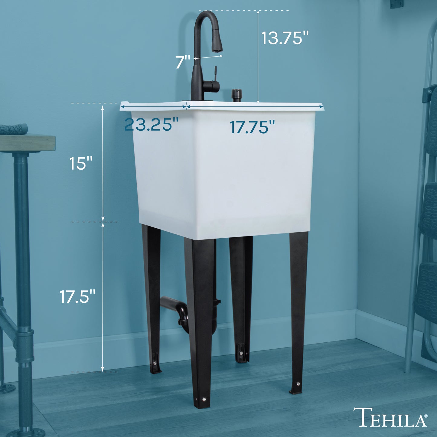 Tehila Space Saver Freestanding White Utility Sink with Black Finish Low-Profile Pull-Down Faucet - Utility-Sink.com