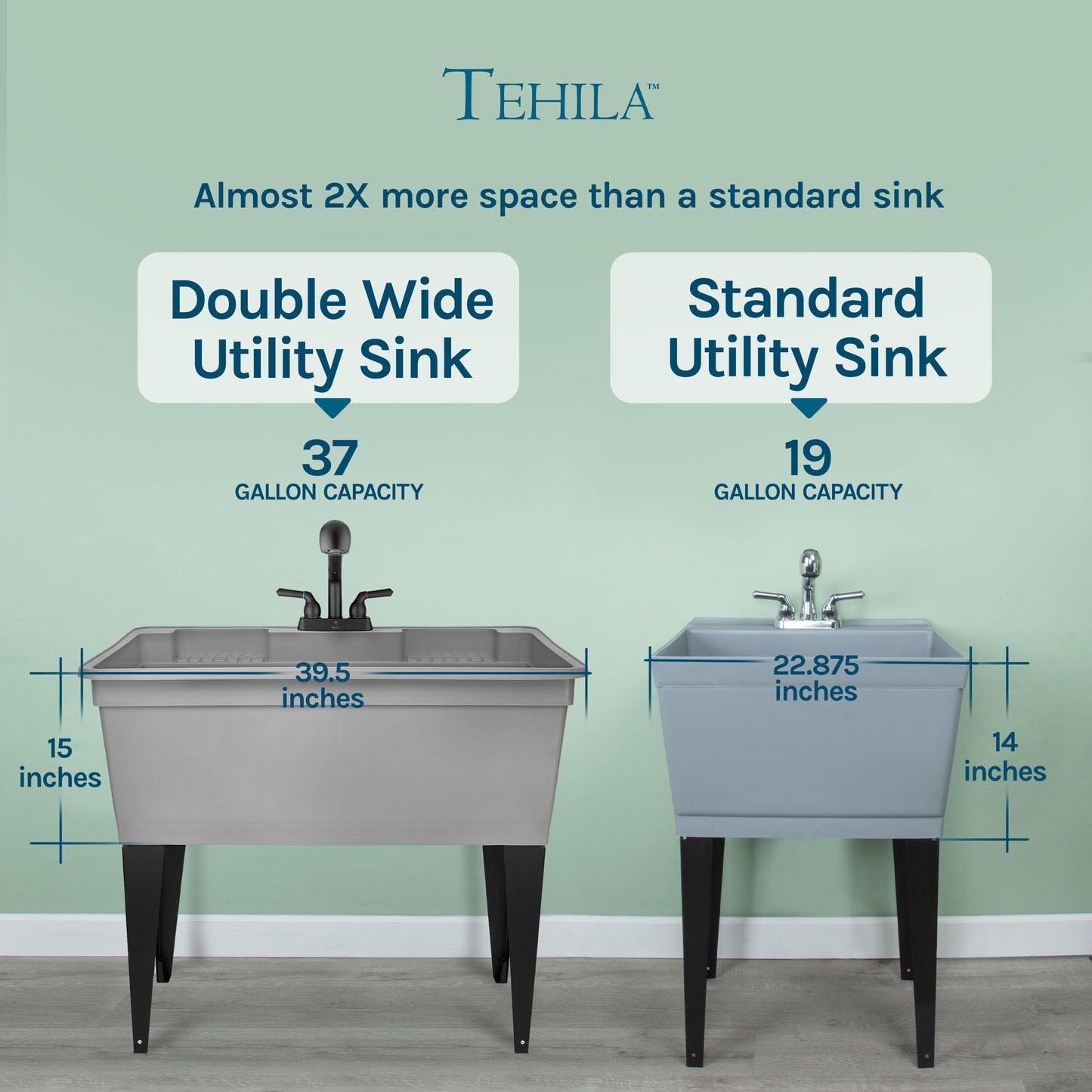 Tehila Freestanding Double-Wide Grey Utility Sink with Steel Legs & Black Pull-Out Faucet, Multi-Purpose Heavy-Duty Laundry Tub and Kitchen Sink for Homes & Business - Utility-Sink.com