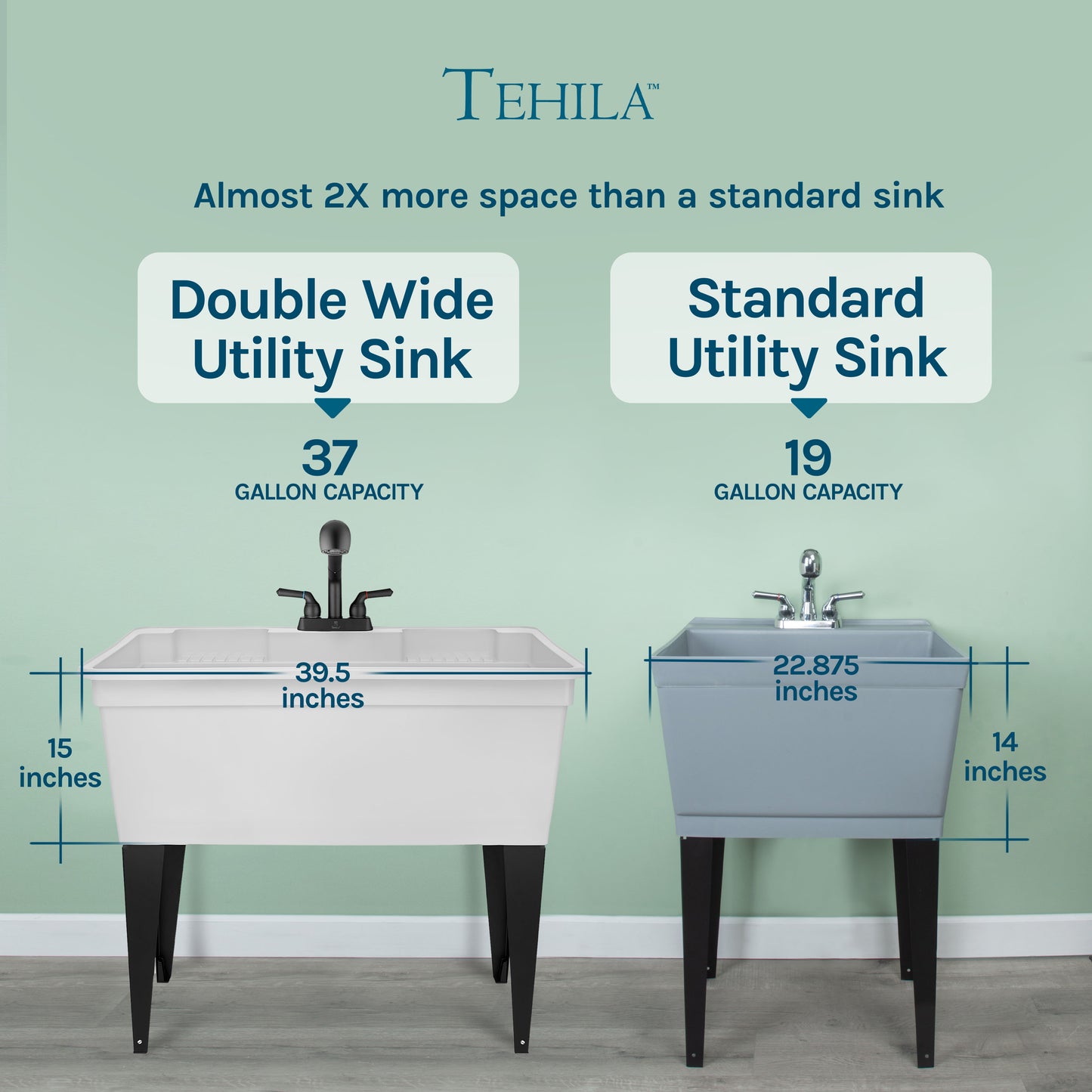 Tehila Freestanding Double-Wide White Utility Sink with Steel Legs & Black Pull-Out Faucet, Multi-Purpose Heavy-Duty Laundry Tub and Kitchen Sink for Homes & Business - Utility-Sink.com
