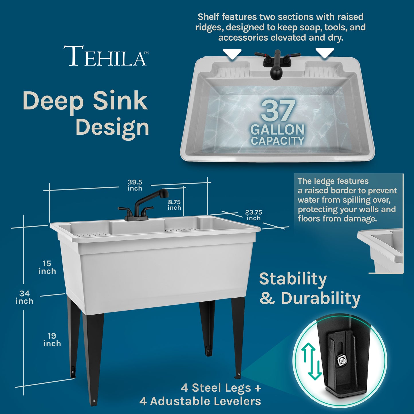 Tehila Freestanding Double-Wide White Utility Sink with Steel Legs & Black Pull-Out Faucet, Multi-Purpose Heavy-Duty Laundry Tub and Kitchen Sink for Homes & Business - Utility-Sink.com