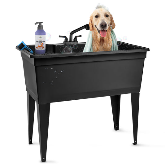 Tehila Freestanding Double-Wide Black Utility Sink with Steel Legs & Black Pull-Out Faucet, Multi-Purpose Heavy-Duty Laundry Tub and Kitchen Sink for Homes & Business - Utility-Sink.com