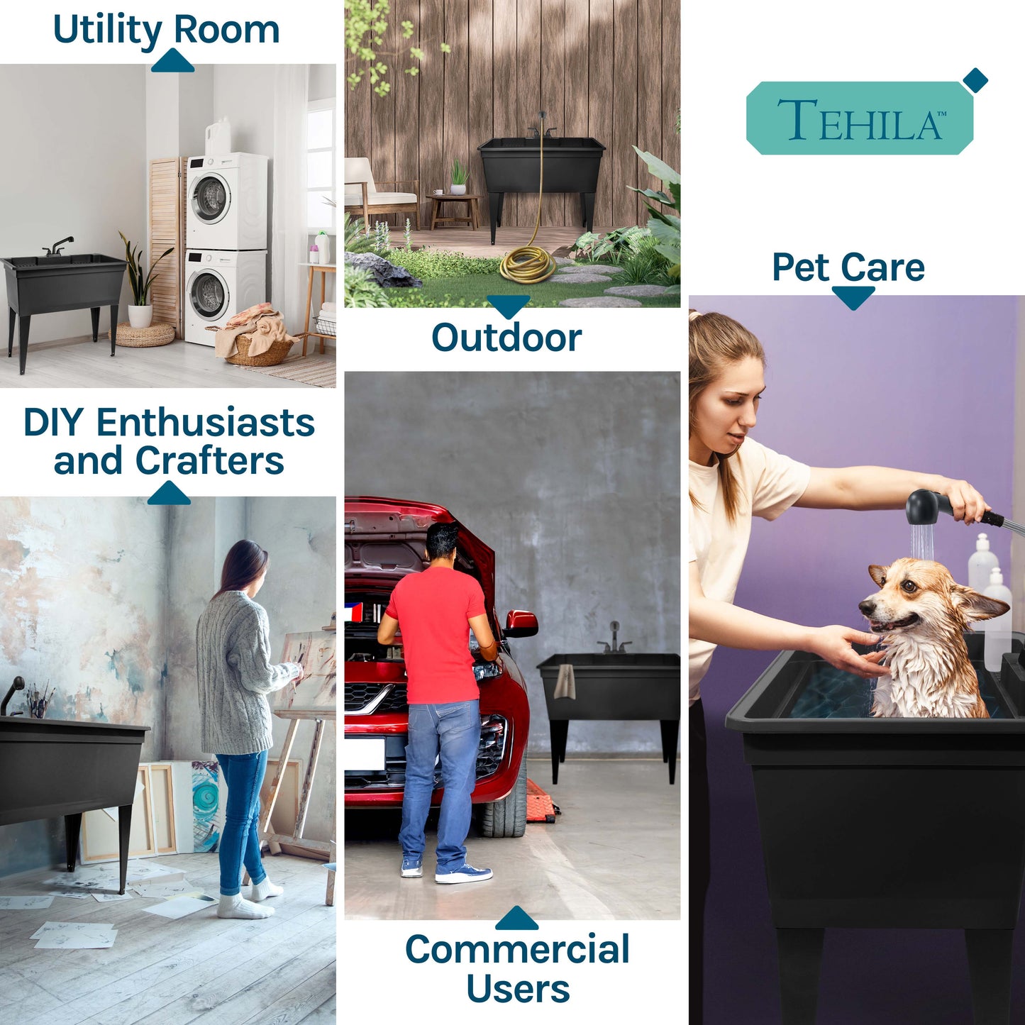 Tehila Freestanding Double-Wide Black Utility Sink with Steel Legs & Black Pull-Out Faucet, Multi-Purpose Heavy-Duty Laundry Tub and Kitchen Sink for Homes & Business - Utility-Sink.com