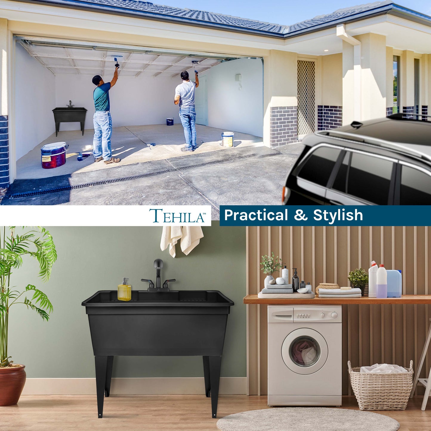 Tehila Freestanding Double-Wide Black Utility Sink with Steel Legs & Black Pull-Out Faucet, Multi-Purpose Heavy-Duty Laundry Tub and Kitchen Sink for Homes & Business - Utility-Sink.com