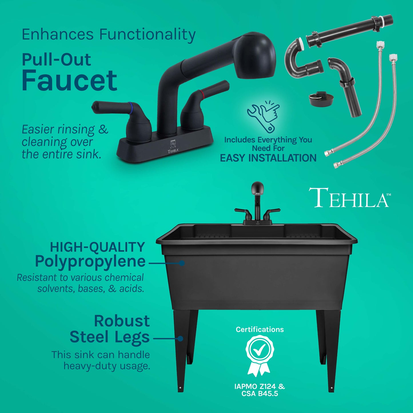 Tehila Freestanding Double-Wide Black Utility Sink with Steel Legs & Black Pull-Out Faucet, Multi-Purpose Heavy-Duty Laundry Tub and Kitchen Sink for Homes & Business - Utility-Sink.com