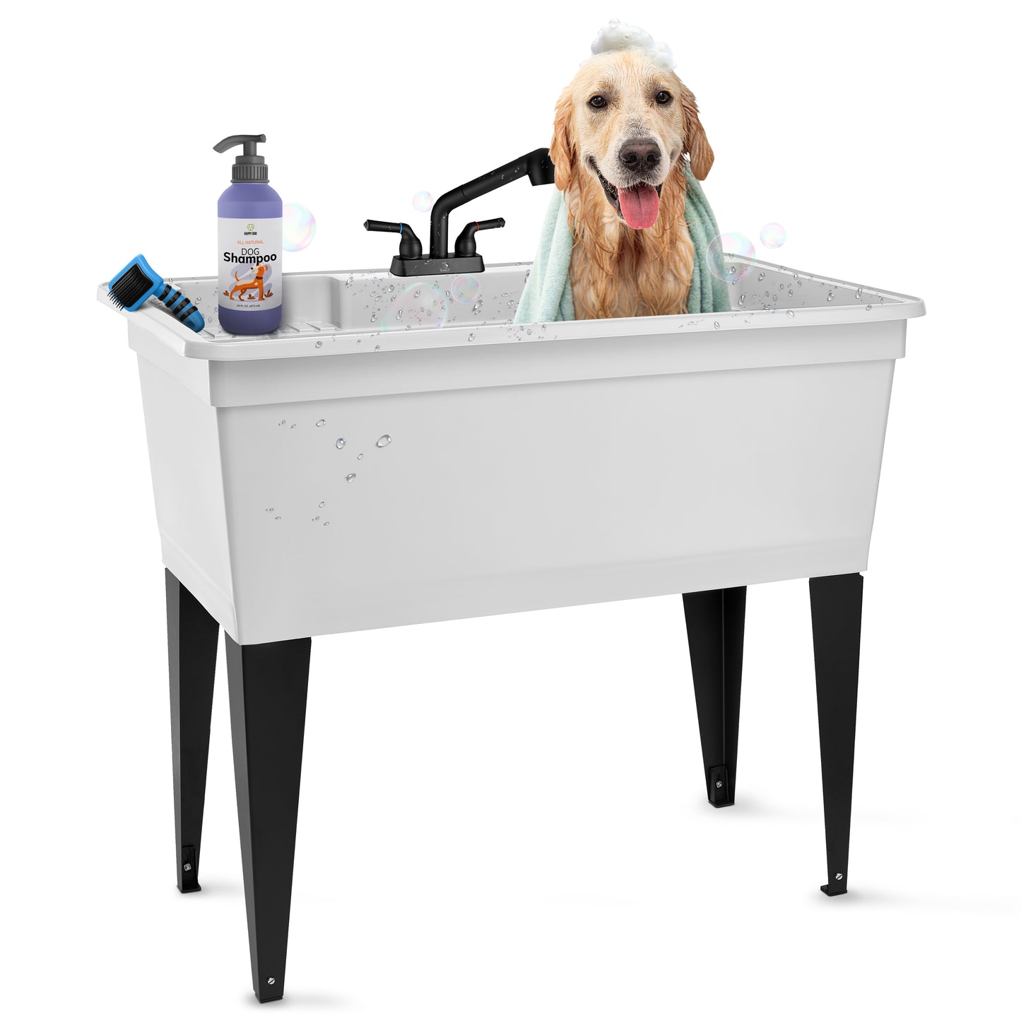 Tehila Freestanding Double-Wide White Utility Sink with Steel Legs & Black Pull-Out Faucet, Multi-Purpose Heavy-Duty Laundry Tub and Kitchen Sink for Homes & Business - Utility-Sink.com