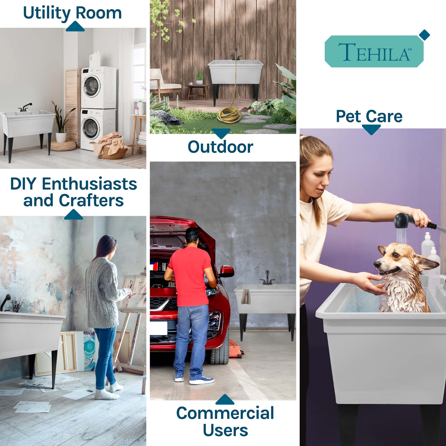 Tehila Freestanding Double-Wide White Utility Sink with Steel Legs & Black Pull-Out Faucet, Multi-Purpose Heavy-Duty Laundry Tub and Kitchen Sink for Homes & Business - Utility-Sink.com