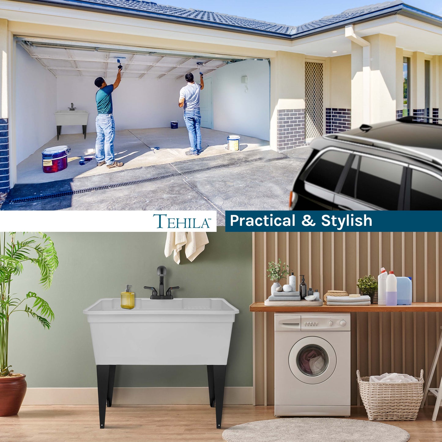 Tehila Freestanding Double-Wide White Utility Sink with Steel Legs & Black Pull-Out Faucet, Multi-Purpose Heavy-Duty Laundry Tub and Kitchen Sink for Homes & Business - Utility-Sink.com