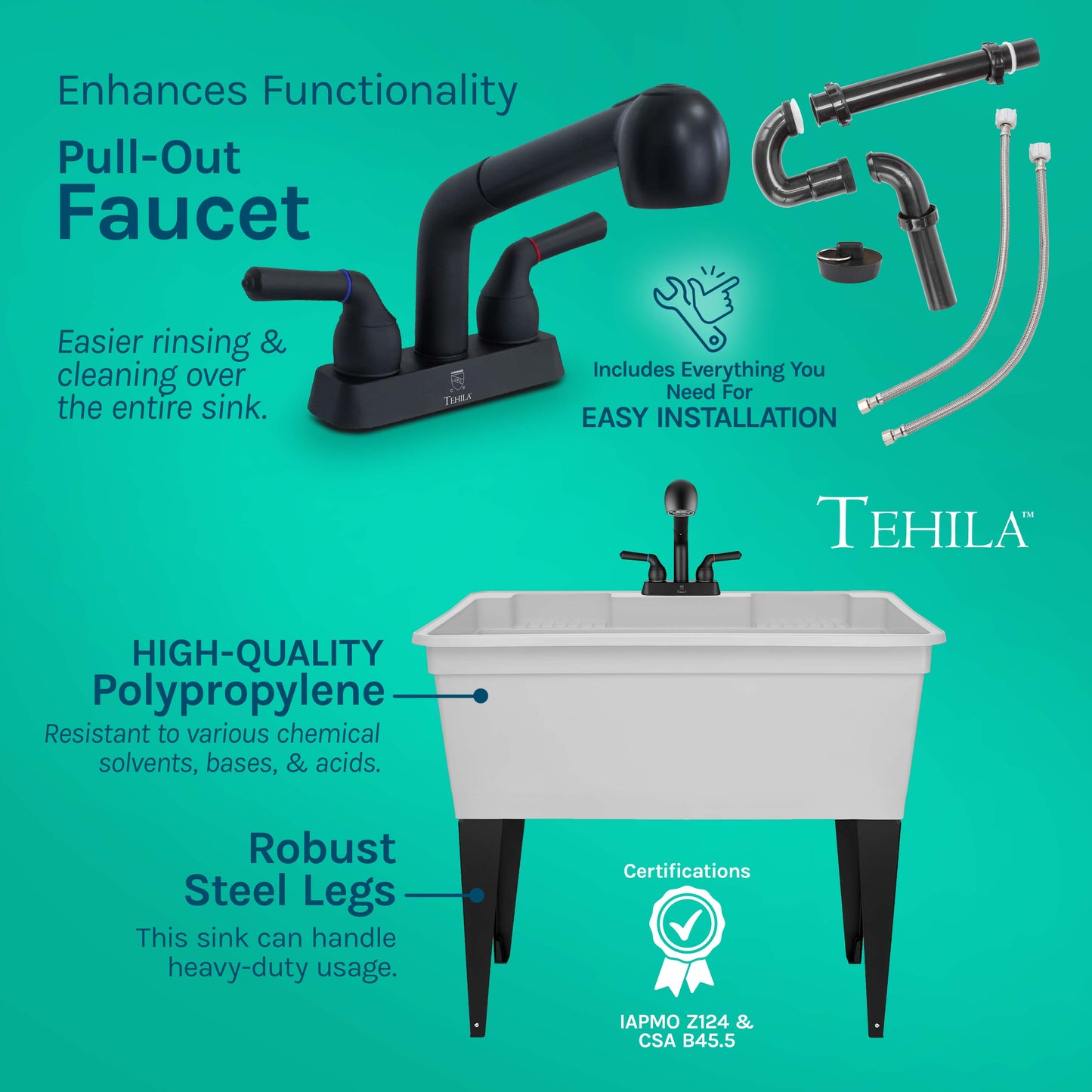 Tehila Freestanding Double-Wide White Utility Sink with Steel Legs & Black Pull-Out Faucet, Multi-Purpose Heavy-Duty Laundry Tub and Kitchen Sink for Homes & Business - Utility-Sink.com