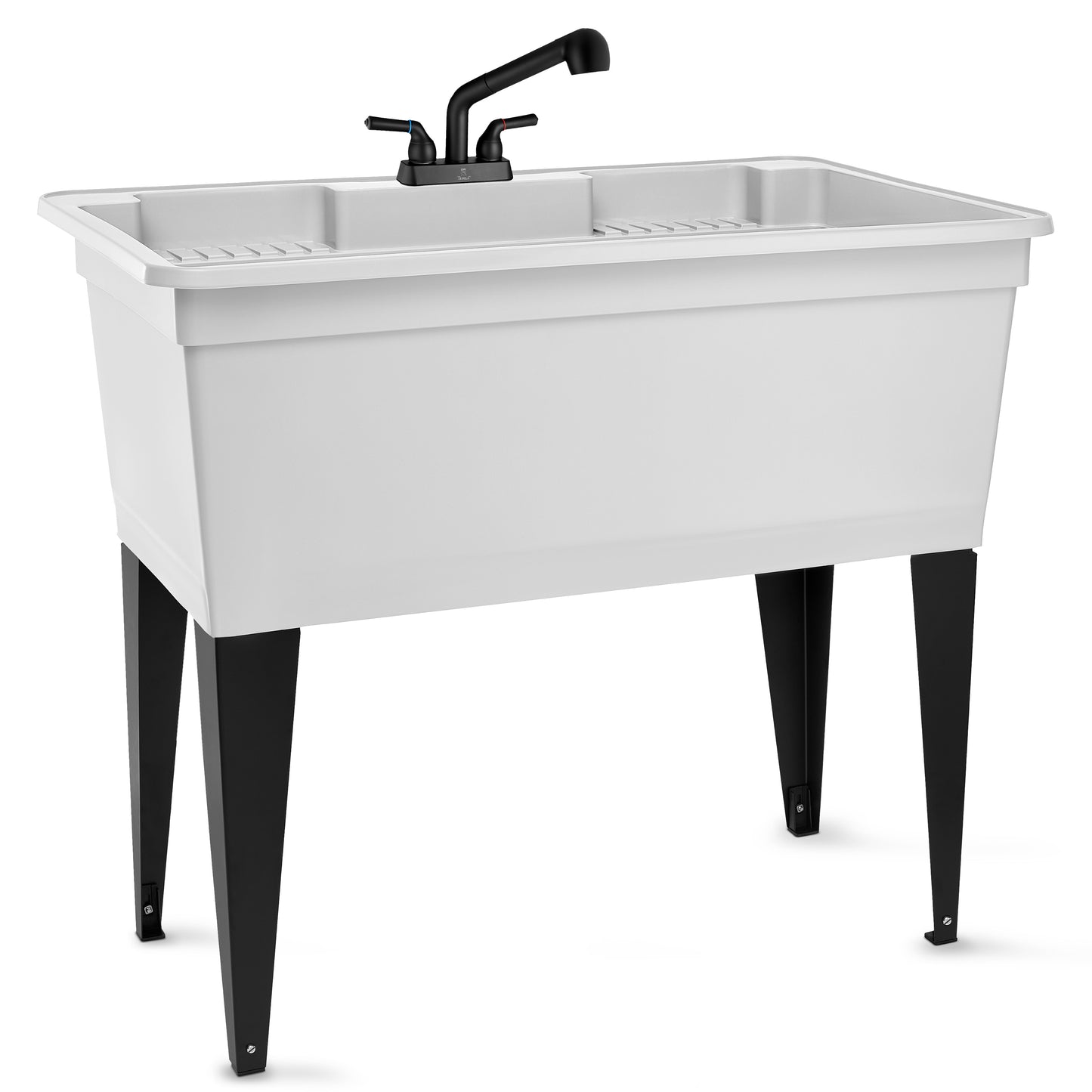 Tehila Freestanding Double-Wide White Utility Sink with Steel Legs & Black Pull-Out Faucet, Multi-Purpose Heavy-Duty Laundry Tub and Kitchen Sink for Homes & Business - Utility-Sink.com