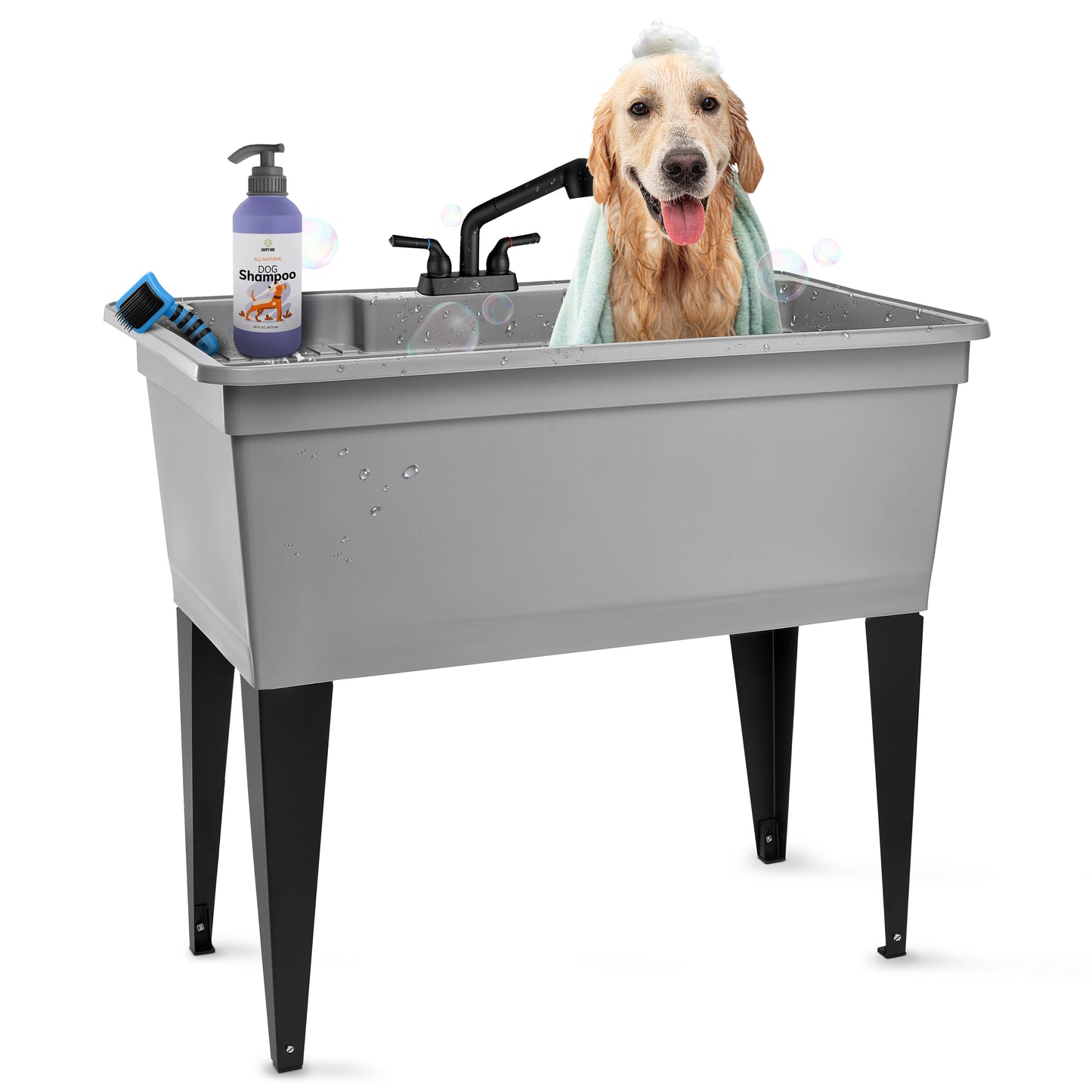 Tehila Freestanding Double-Wide Grey Utility Sink with Steel Legs & Black Pull-Out Faucet, Multi-Purpose Heavy-Duty Laundry Tub and Kitchen Sink for Homes & Business - Utility-Sink.com