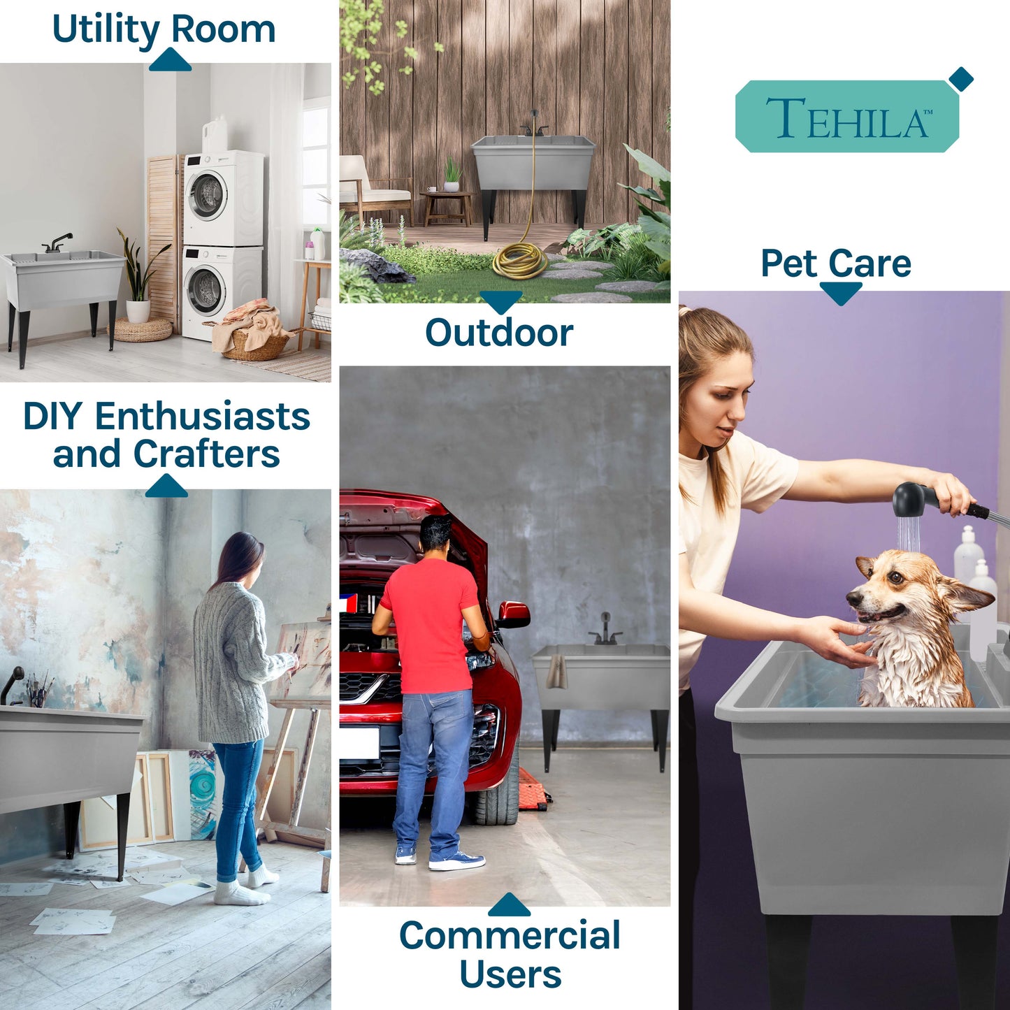 Tehila Freestanding Double-Wide Grey Utility Sink with Steel Legs & Black Pull-Out Faucet, Multi-Purpose Heavy-Duty Laundry Tub and Kitchen Sink for Homes & Business - Utility-Sink.com