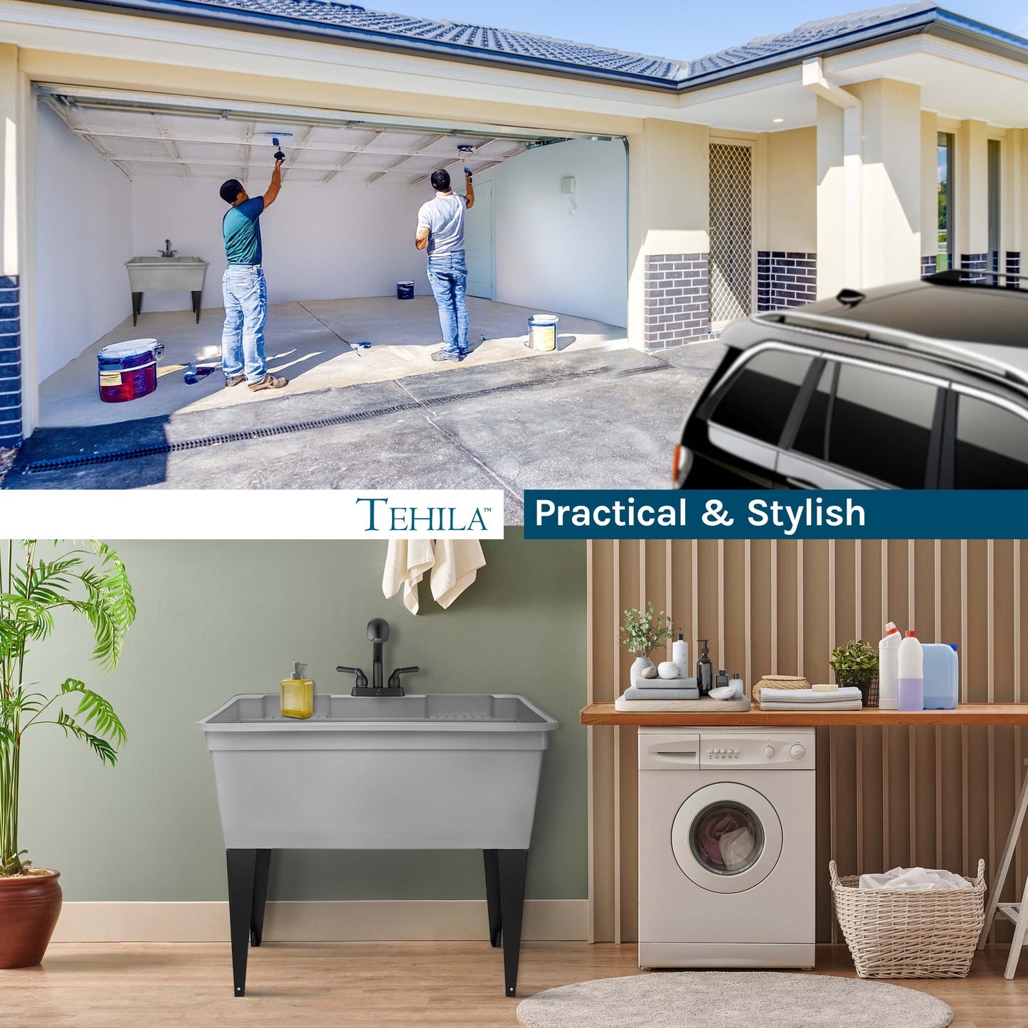 Tehila Freestanding Double-Wide Grey Utility Sink with Steel Legs & Black Pull-Out Faucet, Multi-Purpose Heavy-Duty Laundry Tub and Kitchen Sink for Homes & Business - Utility-Sink.com