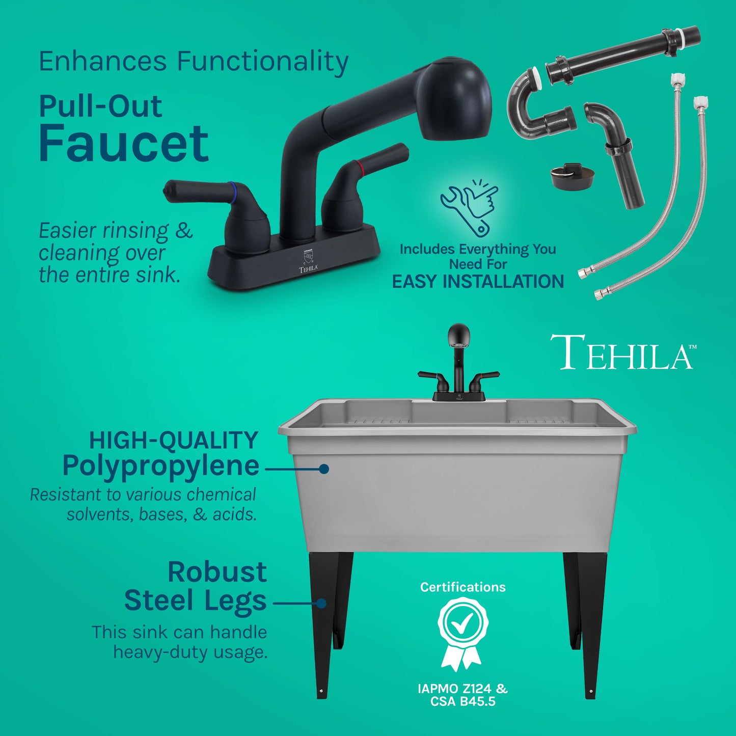 Tehila Freestanding Double-Wide Grey Utility Sink with Steel Legs & Black Pull-Out Faucet, Multi-Purpose Heavy-Duty Laundry Tub and Kitchen Sink for Homes & Business - Utility-Sink.com