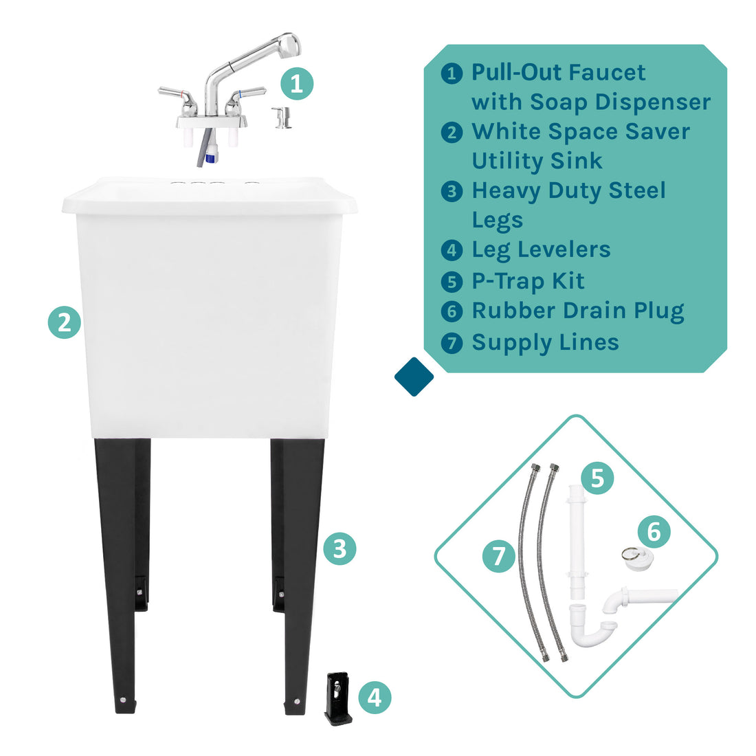 Tehila Space Saver Freestanding White Utility Sink with Chrome Finish Pull-Out Faucet - Utility sinks vanites Tehila