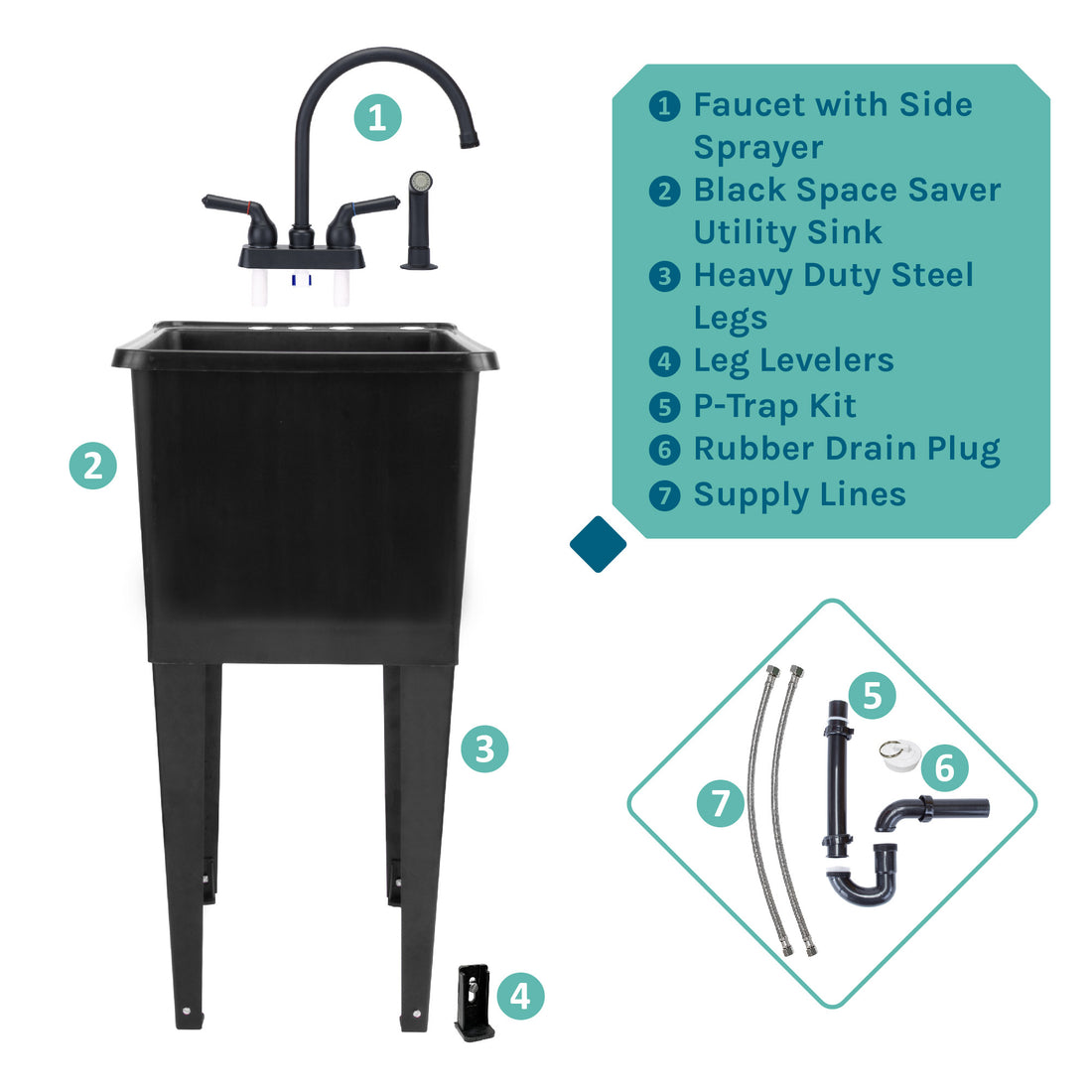 Tehila Space Saver Freestanding Black Utility Sink with Black Finish Gooseneck Faucet and Side Sprayer - Utility sinks vanites Tehila