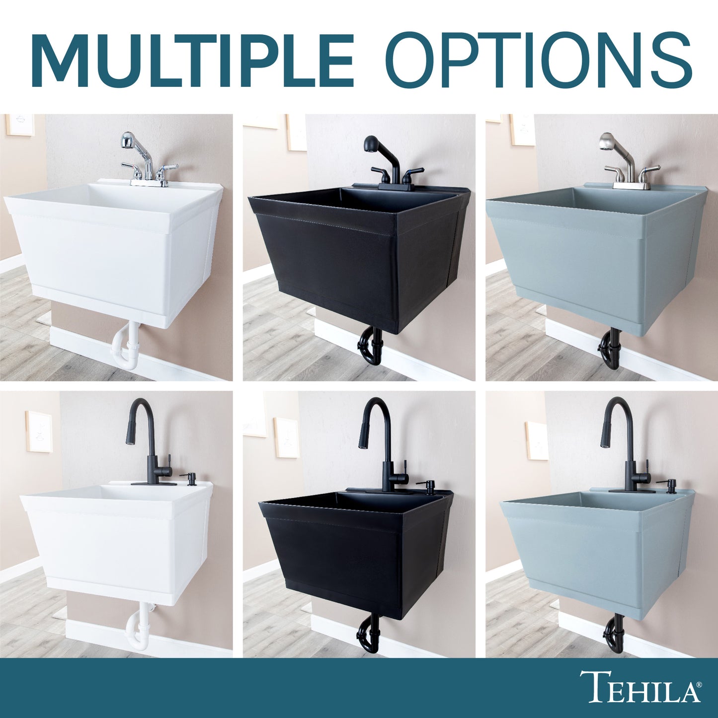 Tehila Standard Wall-Mounted White Utility Sink with Black Finish Pull-Down Faucet - Utility sinks vanites Tehila