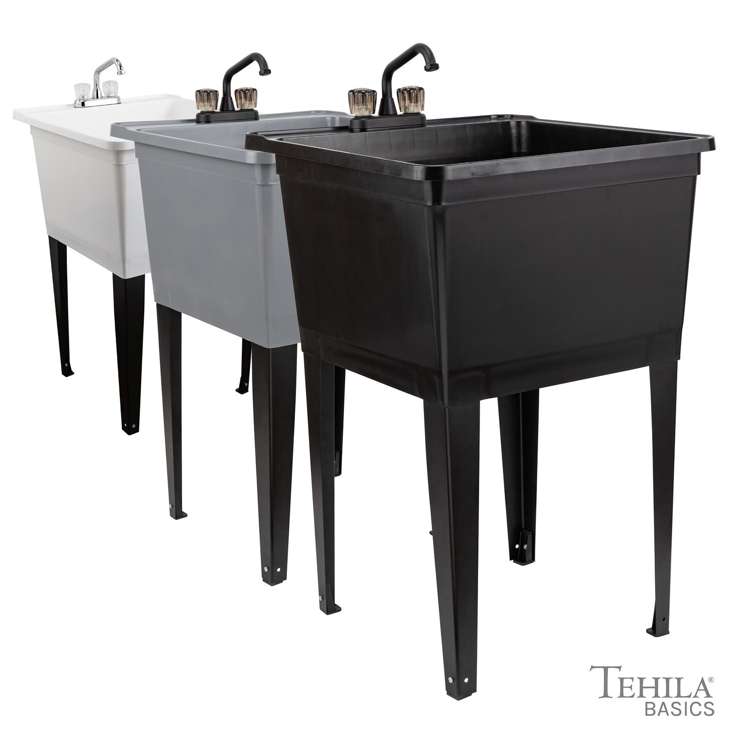 Tehila Basics Freestanding Grey Utility Sink with Black Finish Dual Handle Utility Faucet - Utility sinks vanites Tehila