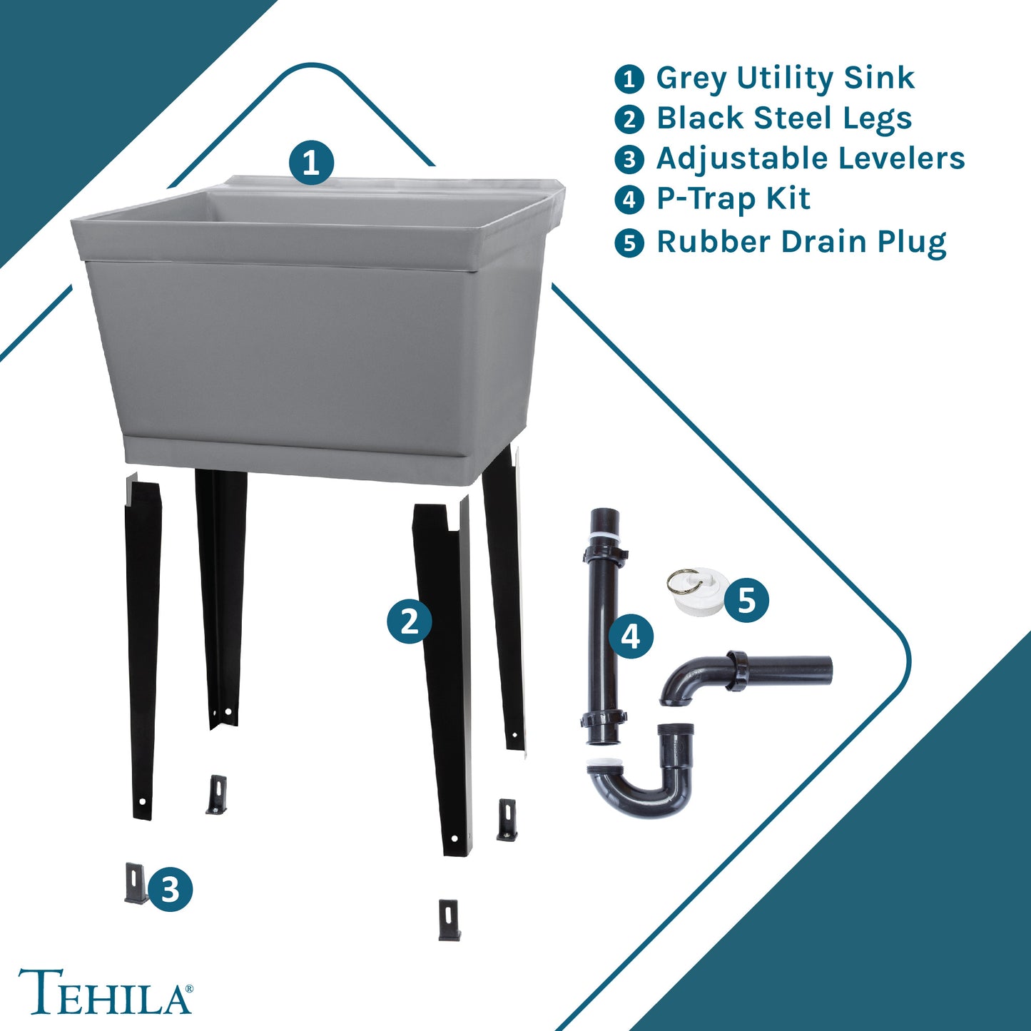 Grey Standard Utility Sink | Grey Utility Sink | Black Steel Legs | Adjustable Levelers | P-Trap Kit | Rubber Drain Plug
