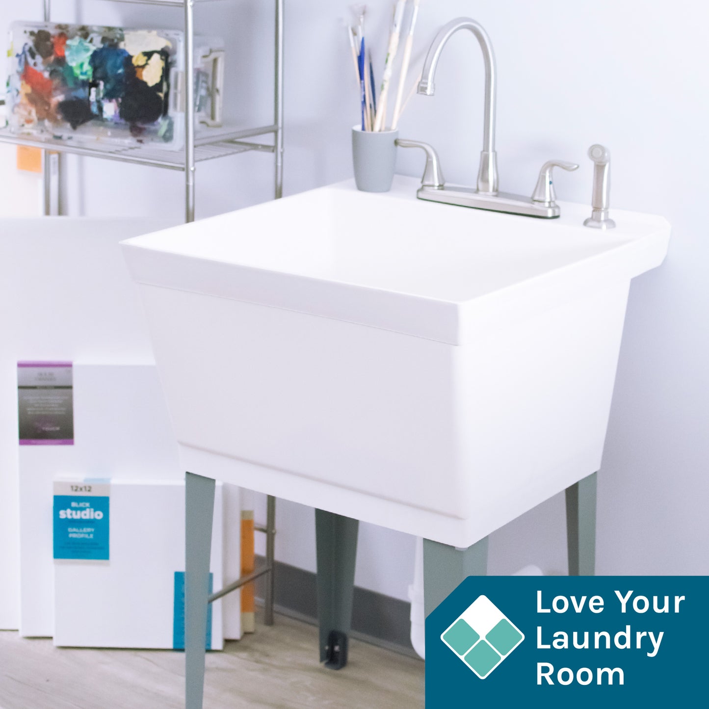 Tehila Standard Freestanding White Utility Sink with Grey Legs and Stainless Steel Finish Wide-set Gooseneck Faucet with Side Sprayer - Utility sinks vanites Tehila