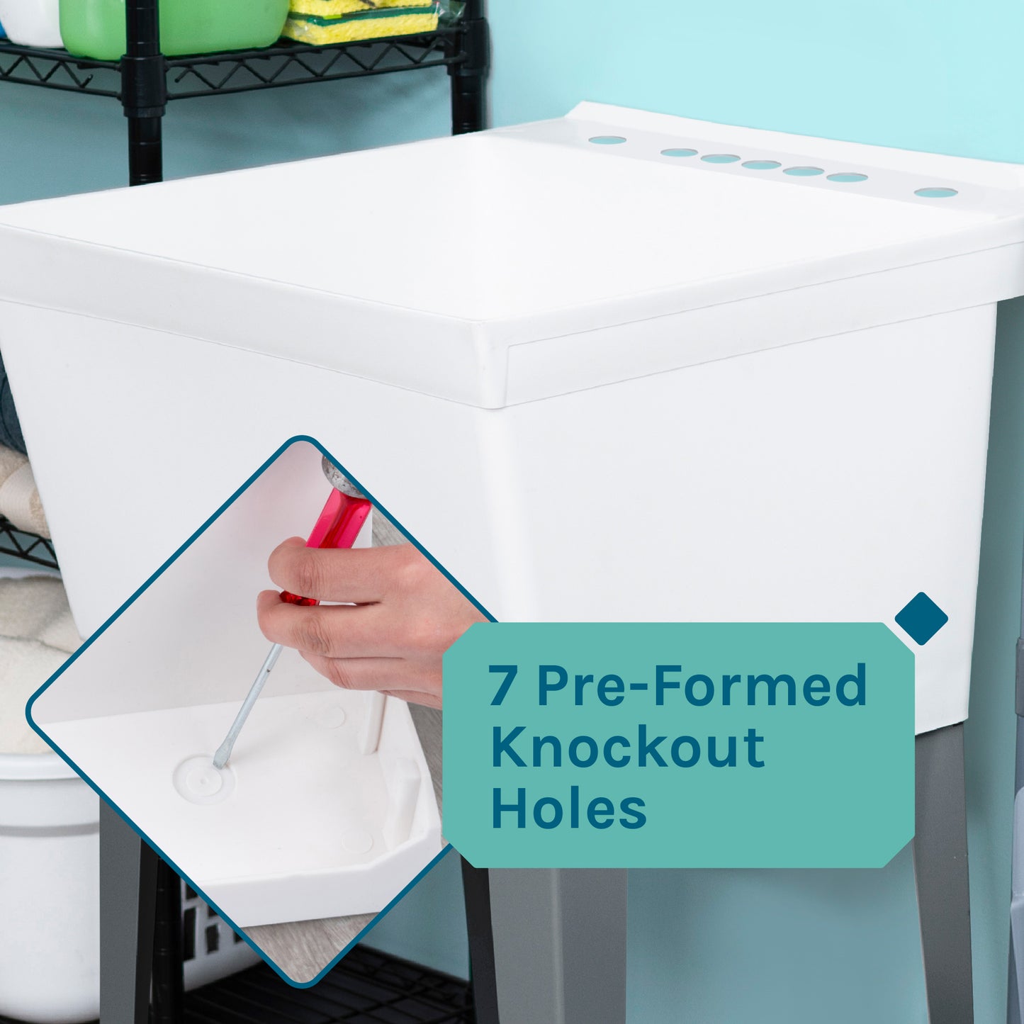 Tehila Standard Freestanding White Utility Sink with Grey Legs and Stainless Steel Finish Wide-set Gooseneck Faucet with Side Sprayer - Utility sinks vanites Tehila