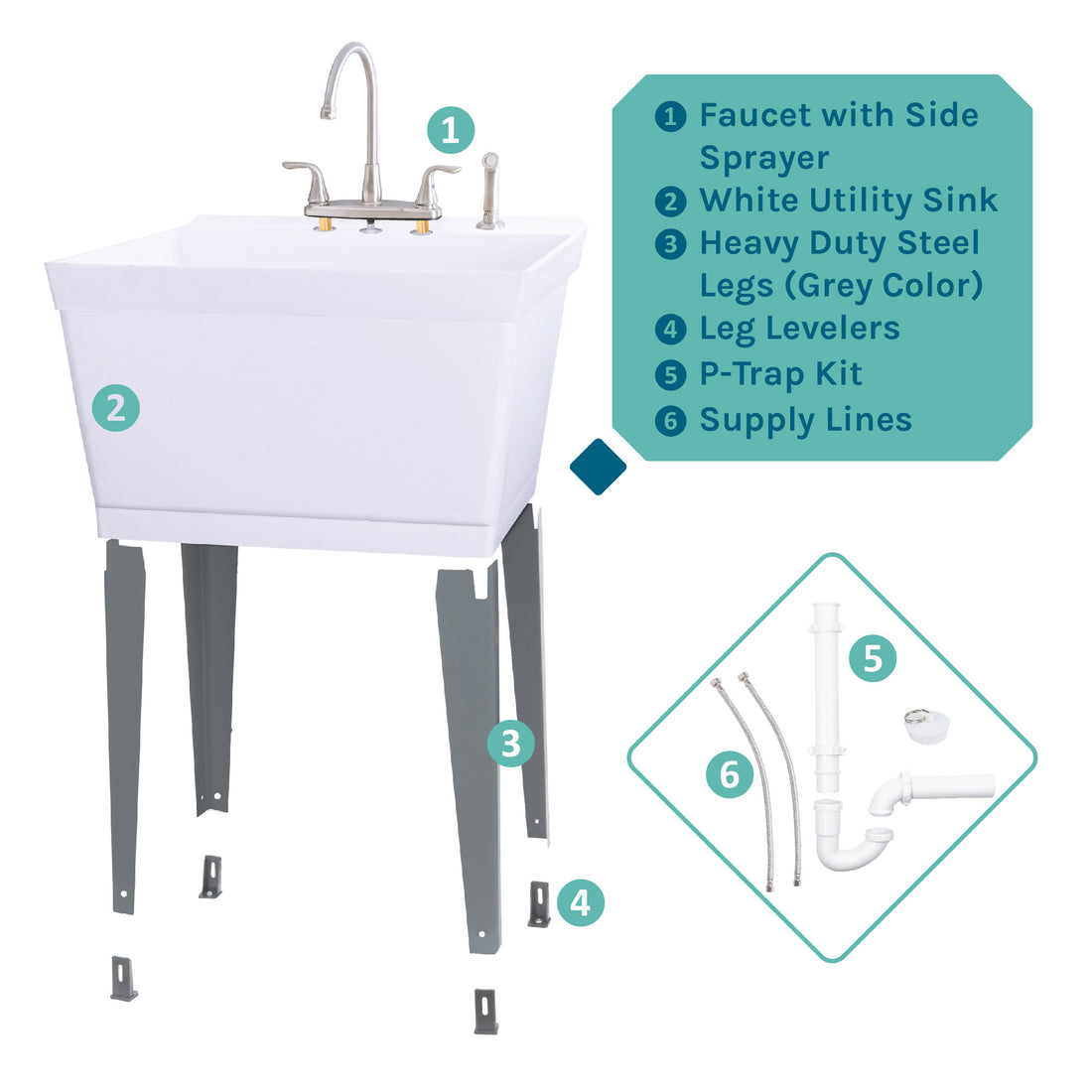 Tehila Standard Freestanding White Utility Sink with Grey Legs and Stainless Steel Finish Wide-set Gooseneck Faucet with Side Sprayer - Utility sinks vanites Tehila