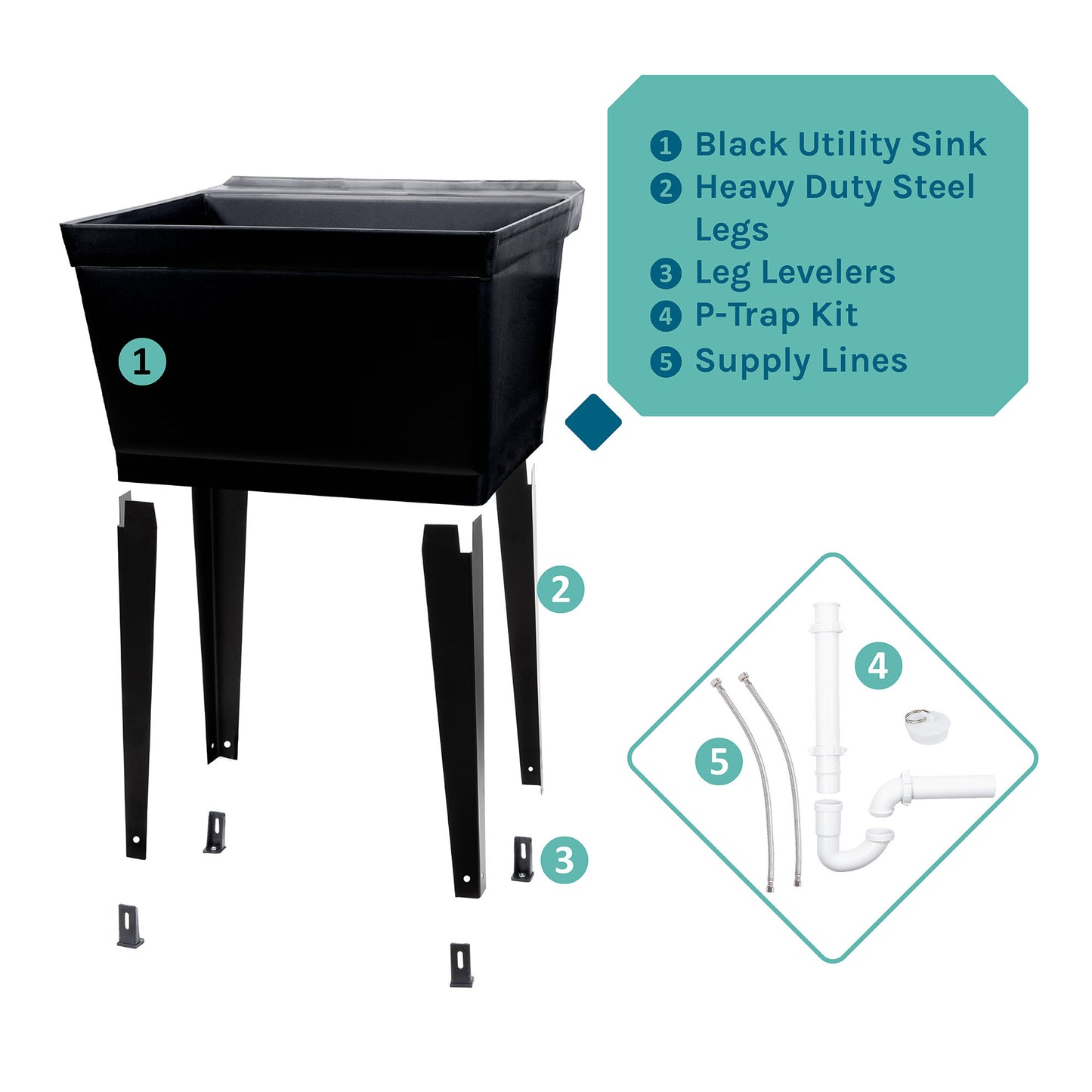 Tehila Standard Freestanding Black Utility Sink with Black Legs, Water Supply Lines Included - Utility sinks vanites Tehila