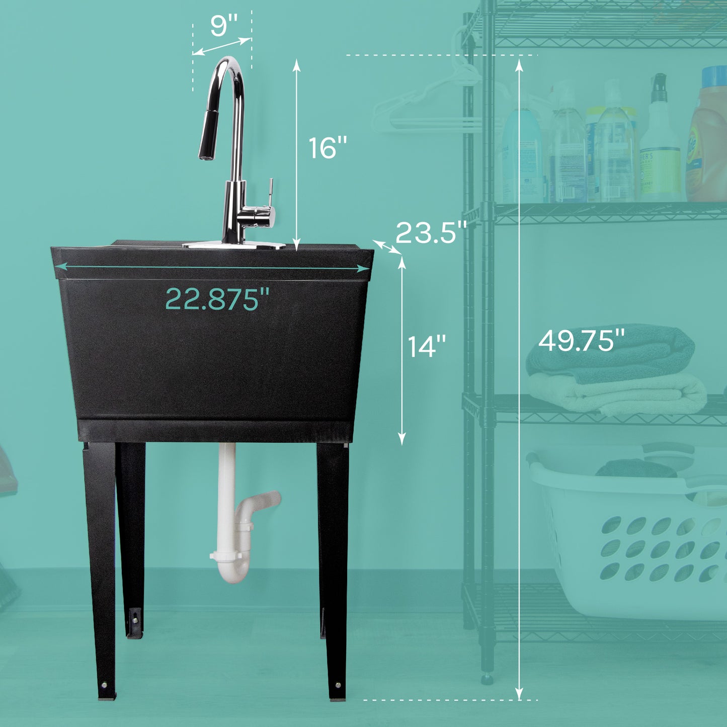 Tehila Standard Freestanding Black Utility Sink with Chrome Finish High-Arc Pull-Down Faucet - Utility sinks vanites Tehila