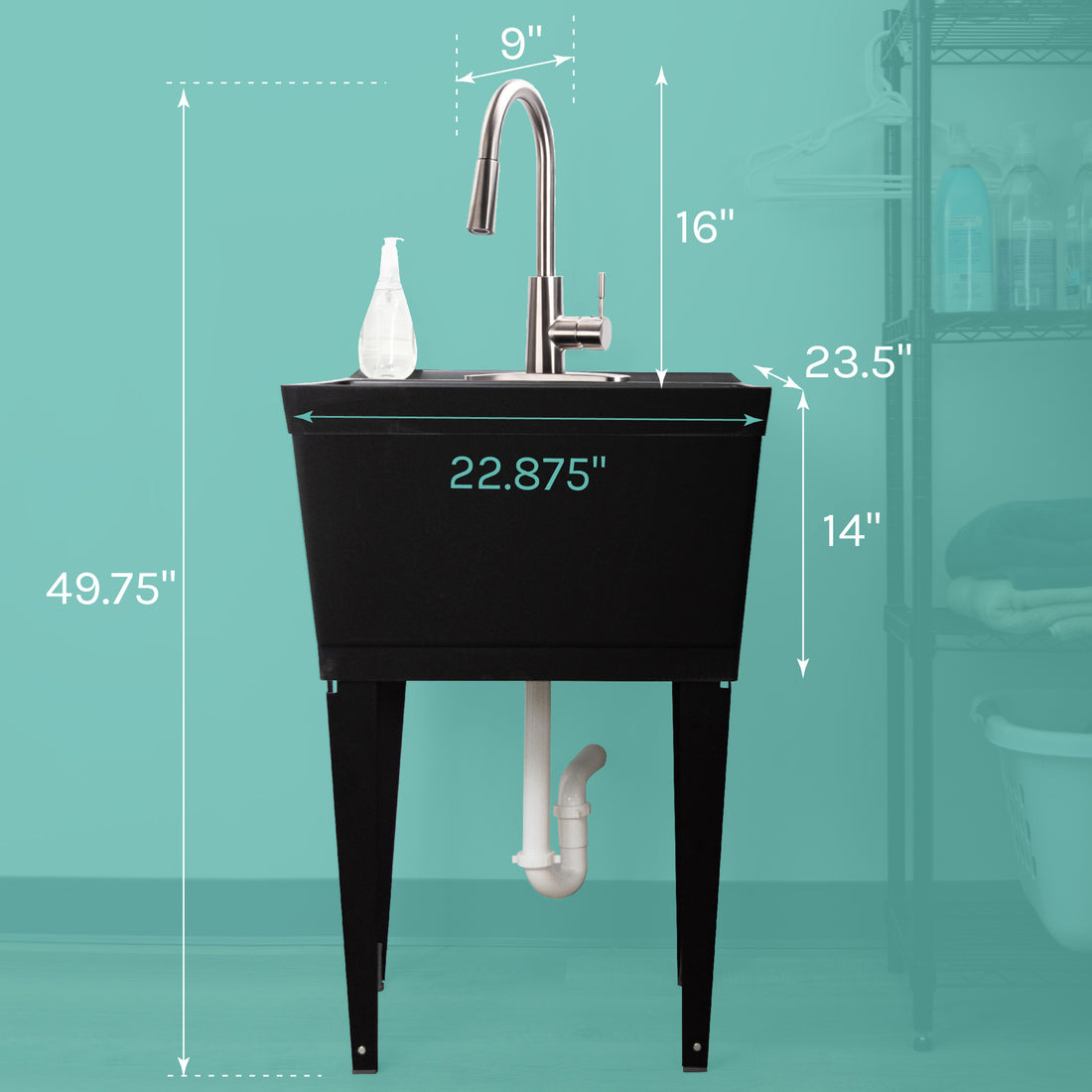 Tehila Standard Freestanding Black Utility Sink with Stainless Steel Finish High-Arc Pull-Down Faucet - Utility sinks vanites Tehila